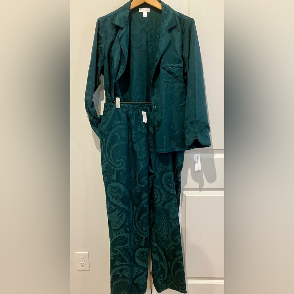 Miss Elaine size L satin jacquard PJs set green paisley pattern NWT